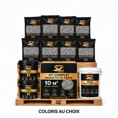 Kit complet Moquette de Pierre 10 m² – Primaire + Résine Mono 8 kg + Granulats Marbre