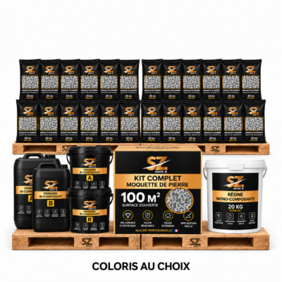 Kit complet Moquette de Pierre 100 m² – Primaire + Résine Mono 72 kg + Granulats Marbre