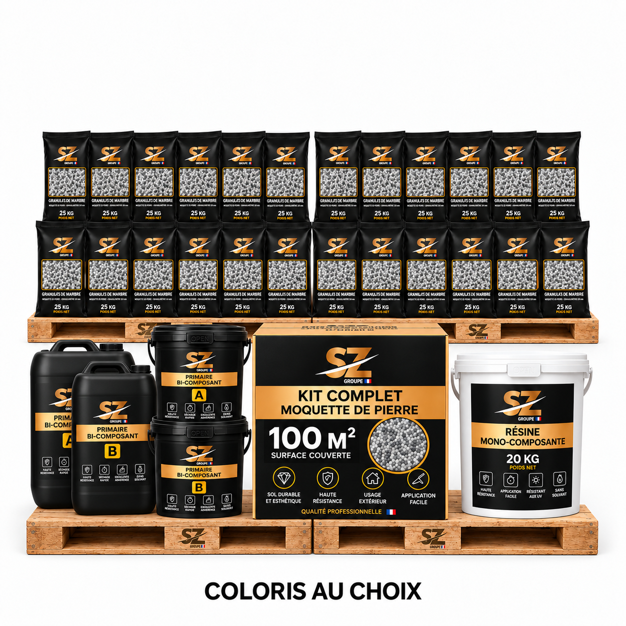 Kit complet Moquette de Pierre 100 m² – Primaire + Résine Mono 72 kg + Granulats Marbre