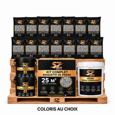 Kit complet Moquette de Pierre 25 m² – Primaire + Résine Mono 18 kg + Granulats Marbre