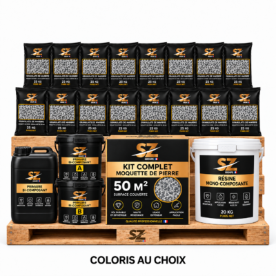 Kit complet Moquette de Pierre 50 m² – Primaire + Résine Mono 36 kg + Granulats Marbre