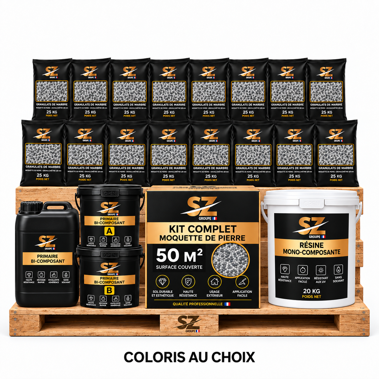 Kit complet Moquette de Pierre 50 m² – Primaire + Résine Mono 36 kg + Granulats Marbre